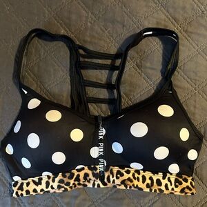 PINK Victoria's Secret Black and White Polka Dot Sports Bra with Leopard Trim